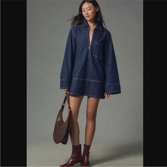 Anthropologie Dark Wash Denim Mini Shift Dress – Long Sleeve, NWT Size M - Picture 2 of 9